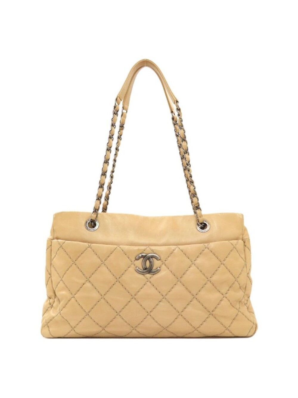 Chanel CC Logo Wild Stitch Silver Shoulder Bag Calfskin
